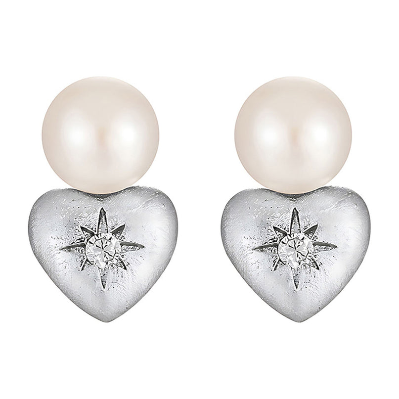 Edison Freshwater Pearl Heart Stud Earrings 925 Silver Rhodium Plated