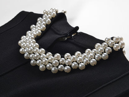 Sleek A-line Dress with Necklace Detail & Pearl Embellishment in black