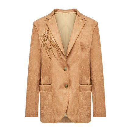Suede Jacket – Embroidered Design – Lapel Collar – Vintage Luxury Style