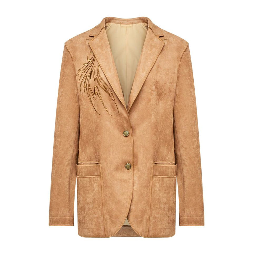 Suede Jacket – Embroidered Design – Lapel Collar – Vintage Luxury Style