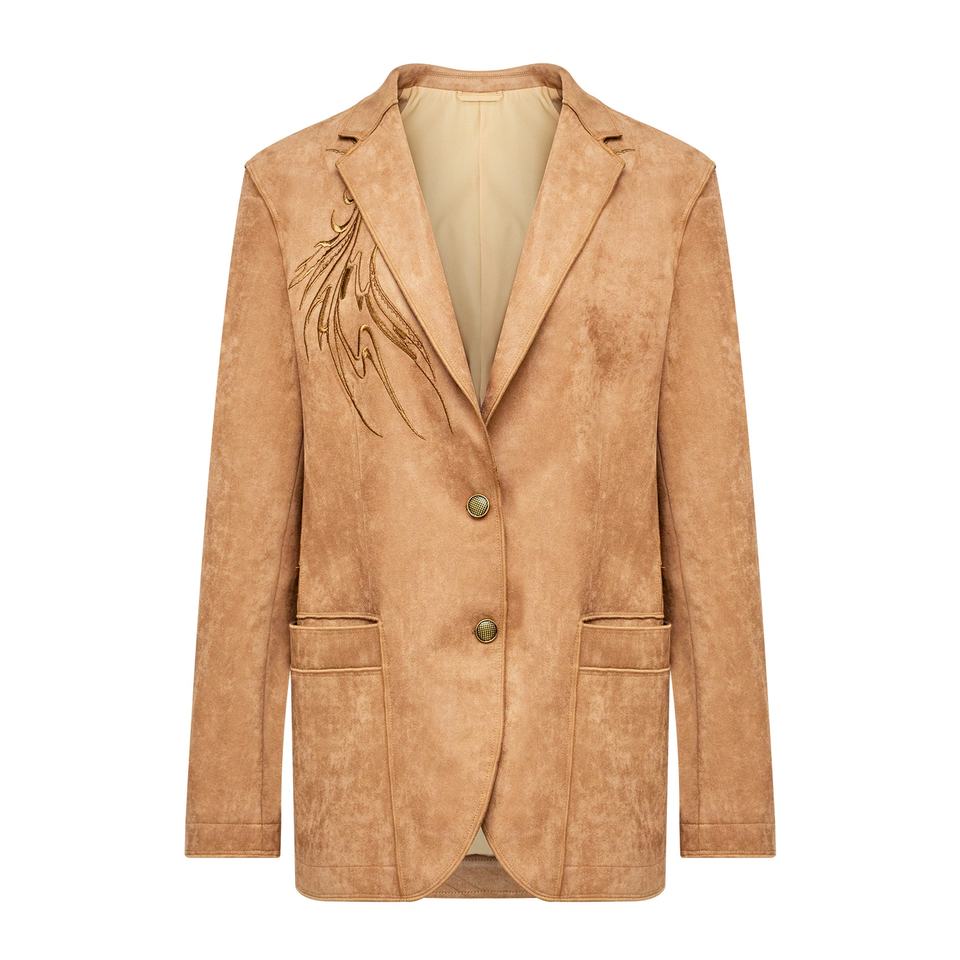 Suede Jacket – Embroidered Design – Lapel Collar – Vintage Luxury Style