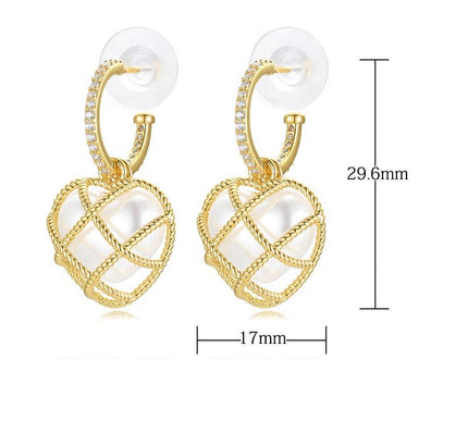 925 Sterling Silver Hollow Heart Pearl Drop Earrings