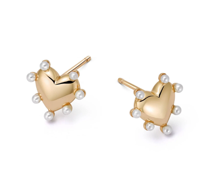 18K Gold Plated Silver AAA Imitation Pearl Heart Stud Earrings