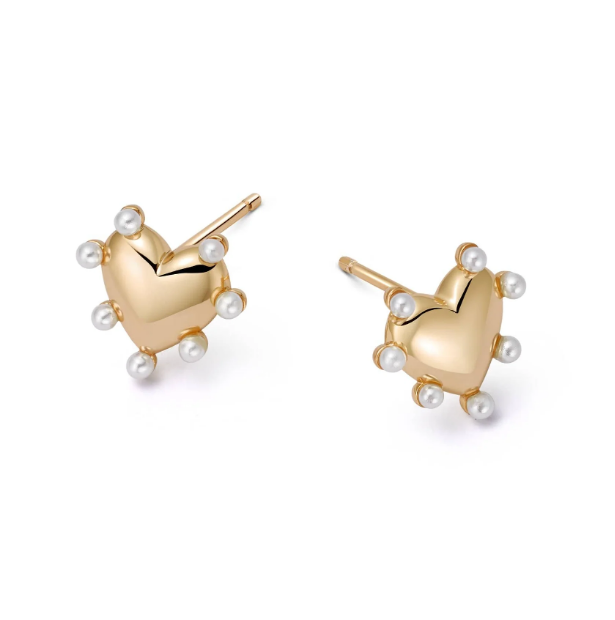 18K Gold Plated Silver AAA Imitation Pearl Heart Stud Earrings