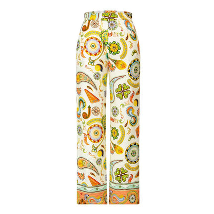 Wide Leg Pants – Floral Paisley Pattern – High Waisted Fit – Statement Style
