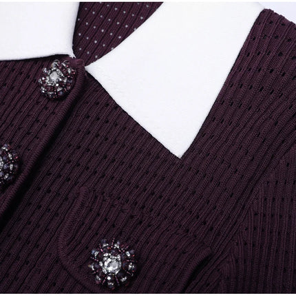 Vivian Van Hoef Contrast-Collar Pointelle Cardigan