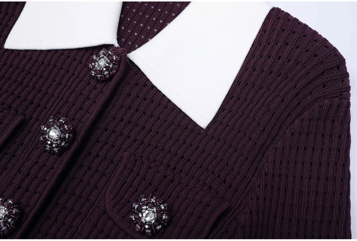 Vivian Van Hoef Contrast-Collar Pointelle Cardigan