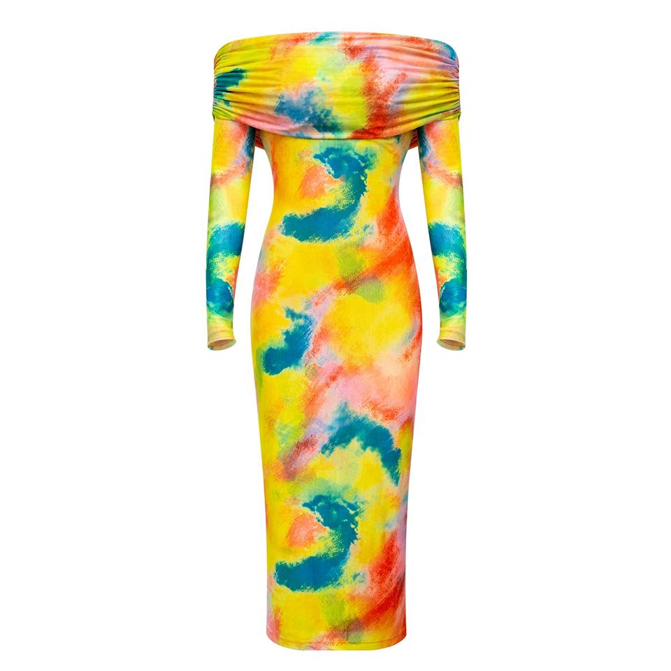 Bodycon Dress – Off Shoulder Design – Long Sleeve – Tie Dye Print