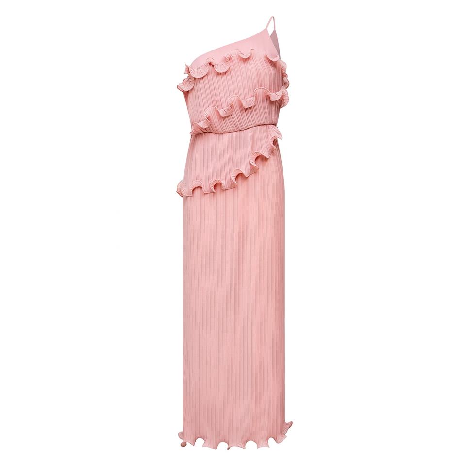 Midi Dress – One Shoulder Design – Pleated Ruffle Style – Chic Elegance