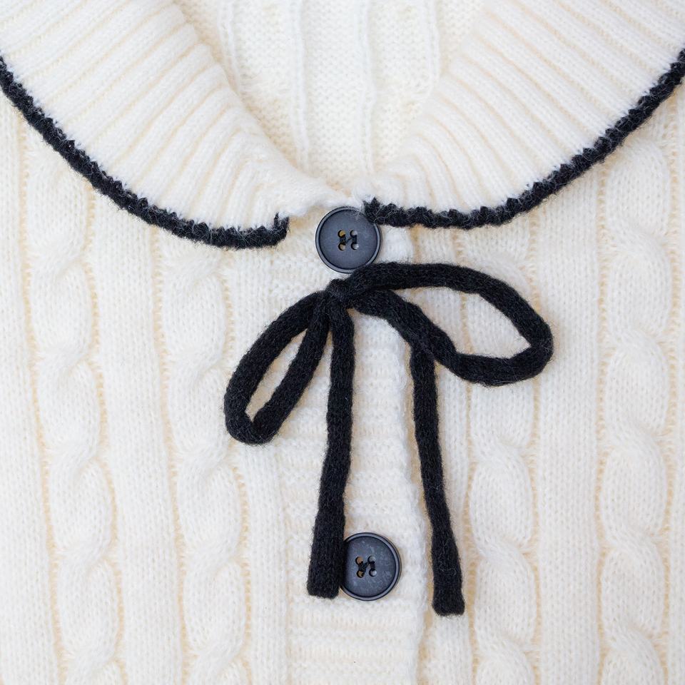 Cardigan Sweater – White Varsity Style – Cable Knit – Peter Pan Collar