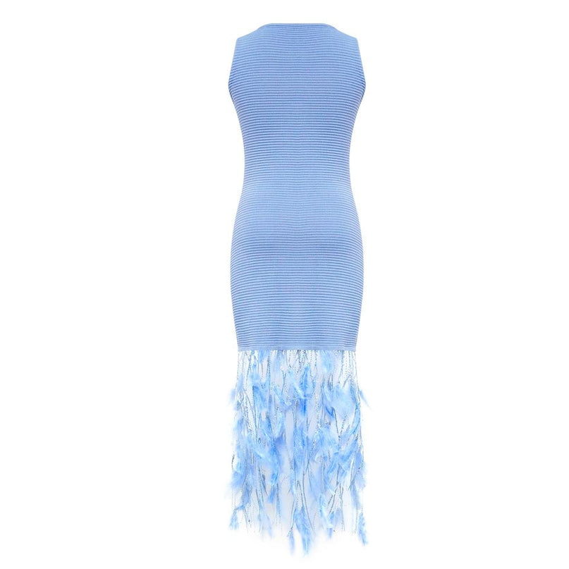Evening Dress – Feather Fringe Hem – Sleeveless Bodycon – Luxury Chic Style
