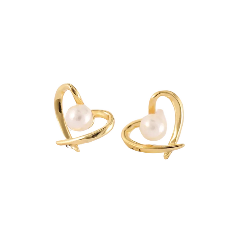 925 Sterling Silver 18K Gold Plated Freshwater Pearl Heart Stud Earrings