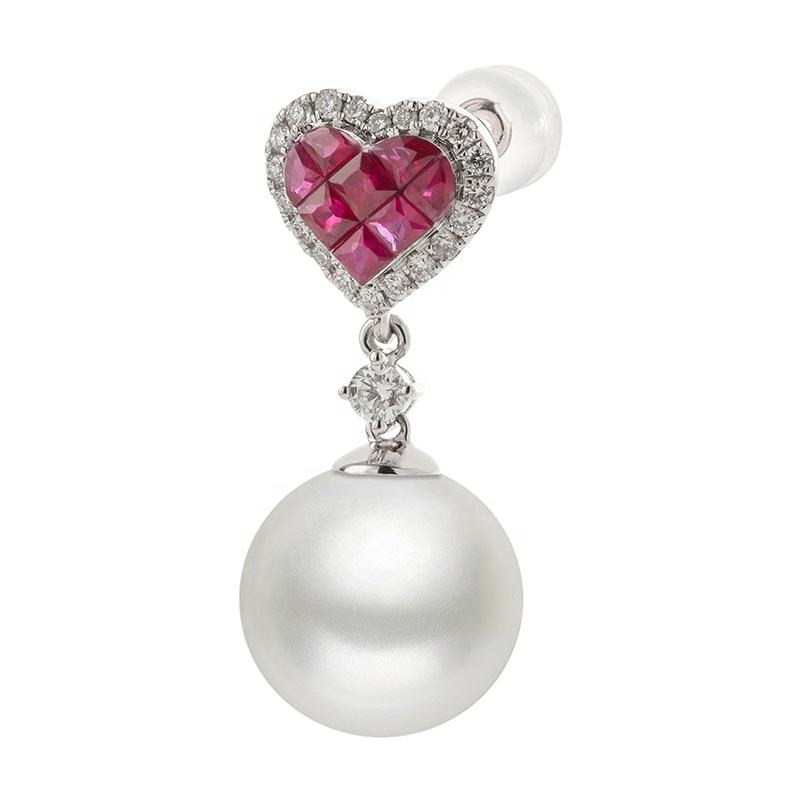 14K Solid Gold Heart Stud Earrings With Ruby And Diamond