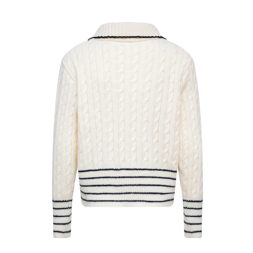 Cardigan Sweater – White Varsity Style – Cable Knit – Peter Pan Collar