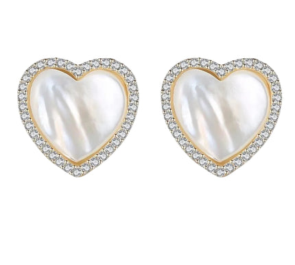 Heart-shaped earrings with pearl center and gold border on a white background