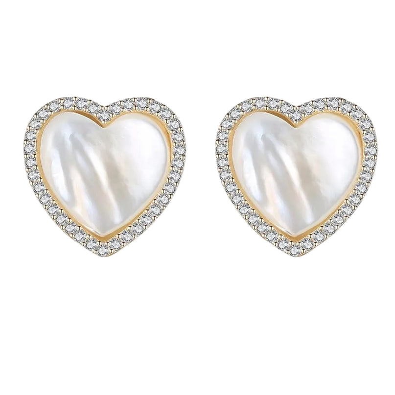 Heart-shaped earrings with pearl center and gold border on a white background