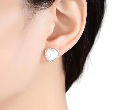 18K Gold Plated Silver Zircon Freshwater Pearl Heart Stud Earrings
