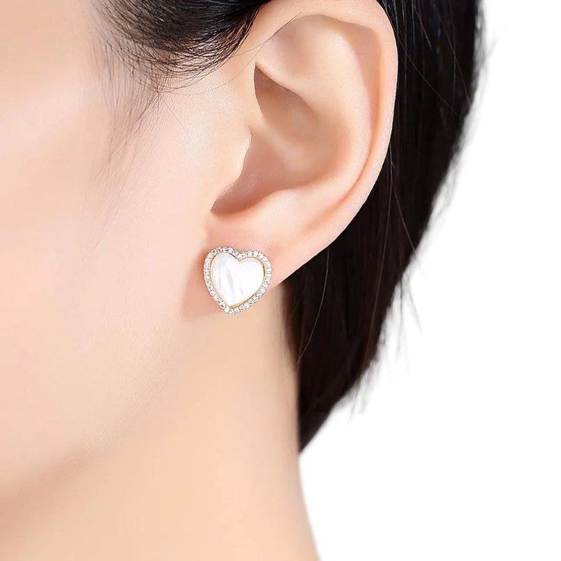 18K Gold Plated Silver Zircon Freshwater Pearl Heart Stud Earrings