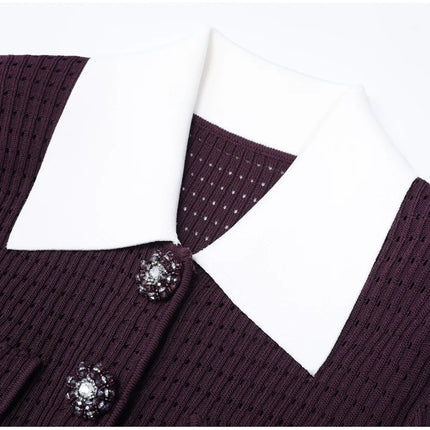 Vivian Van Hoef Contrast-Collar Pointelle Cardigan