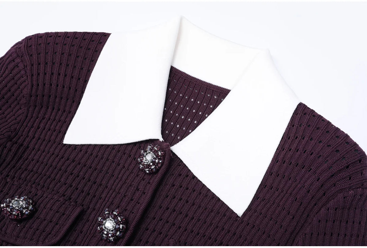 Vivian Van Hoef Contrast-Collar Pointelle Cardigan