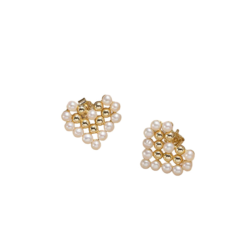 14K Gold Plated 925 Silver AAAA Freshwater Pearl Heart Stud Earrings