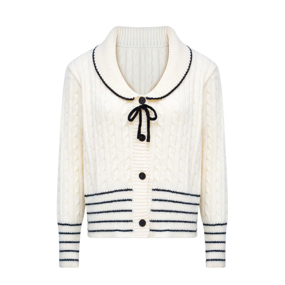 Cardigan Sweater – White Varsity Style – Cable Knit – Peter Pan Collar