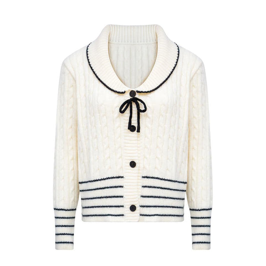Cardigan Sweater – White Varsity Style – Cable Knit – Peter Pan Collar
