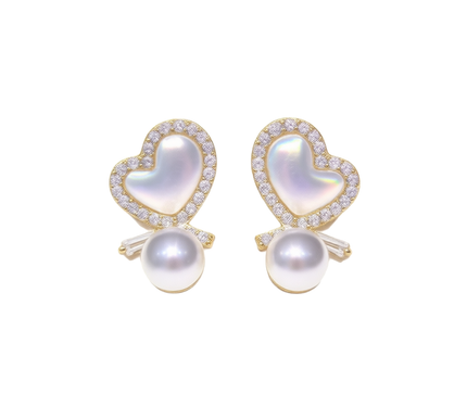 18K Gold Plated Freshwater Pearl Heart Stud Earrings AAA 