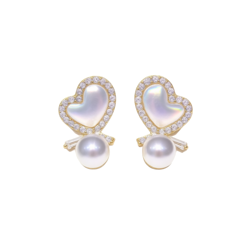 18K Gold Plated Freshwater Pearl Heart Stud Earrings AAA 