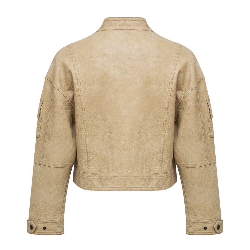 Bomber Jacket – Beige Leather Look – Stand Collar – Chic Casual Style