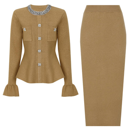 Mia Van Hoef Crystal-Trim Peplum Top And Knit Midi Skirt Set