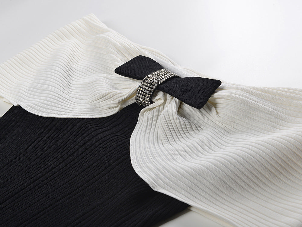 Off-Shoulder Bodycon Dress with Bow Detail in Black and White