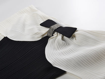 Off-Shoulder Bodycon Dress with Bow Detail in Black and White