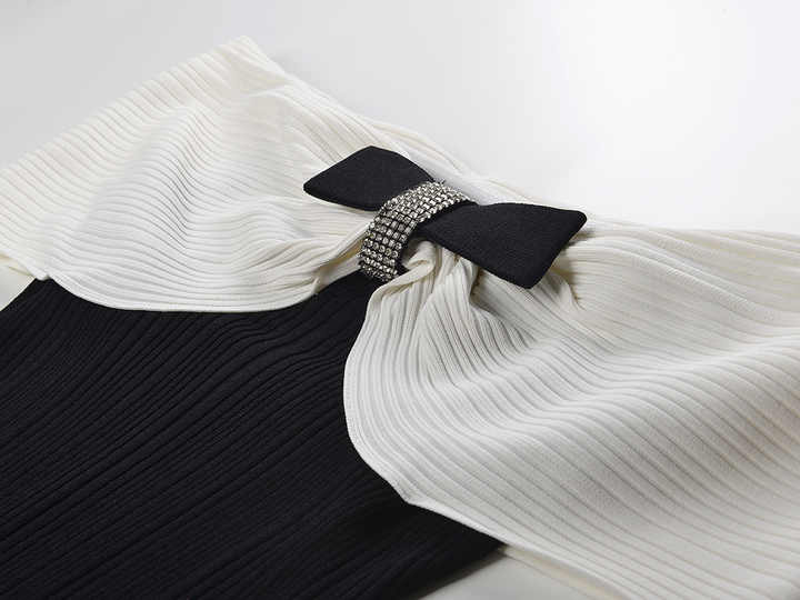 Off-Shoulder Bodycon Dress with Bow Detail in Black and White