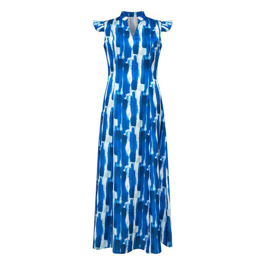 Maxi Dress – Blue A-Line – V-Neck – Flutter Sleeve Elegant Style