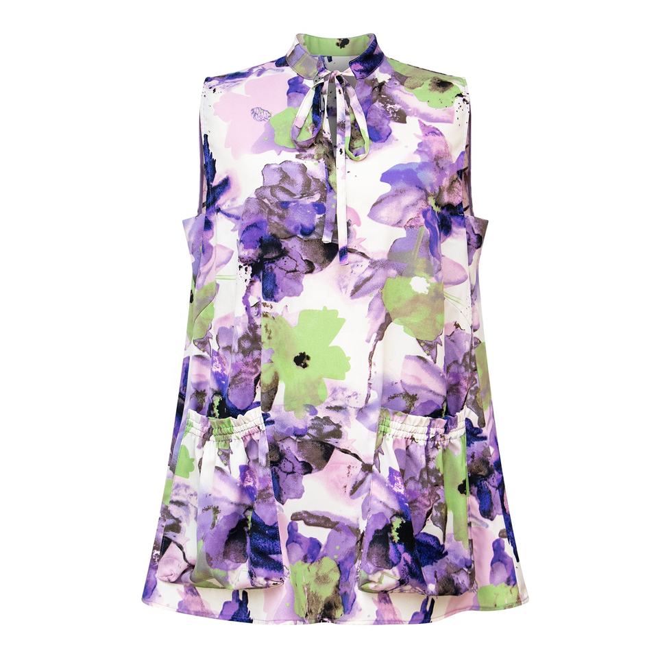 Short Dress – Purple Floral Print – Sleeveless High Collar – Chic Casual Style
