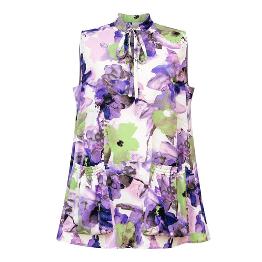 Short Dress – Purple Floral Print – Sleeveless High Collar – Chic Casual Style