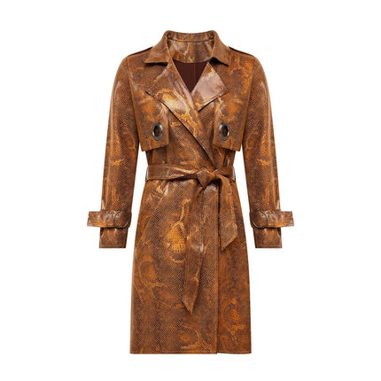 Trenchcoat – Snake Print Leather Look – Belted Design – Luxury Winter Style