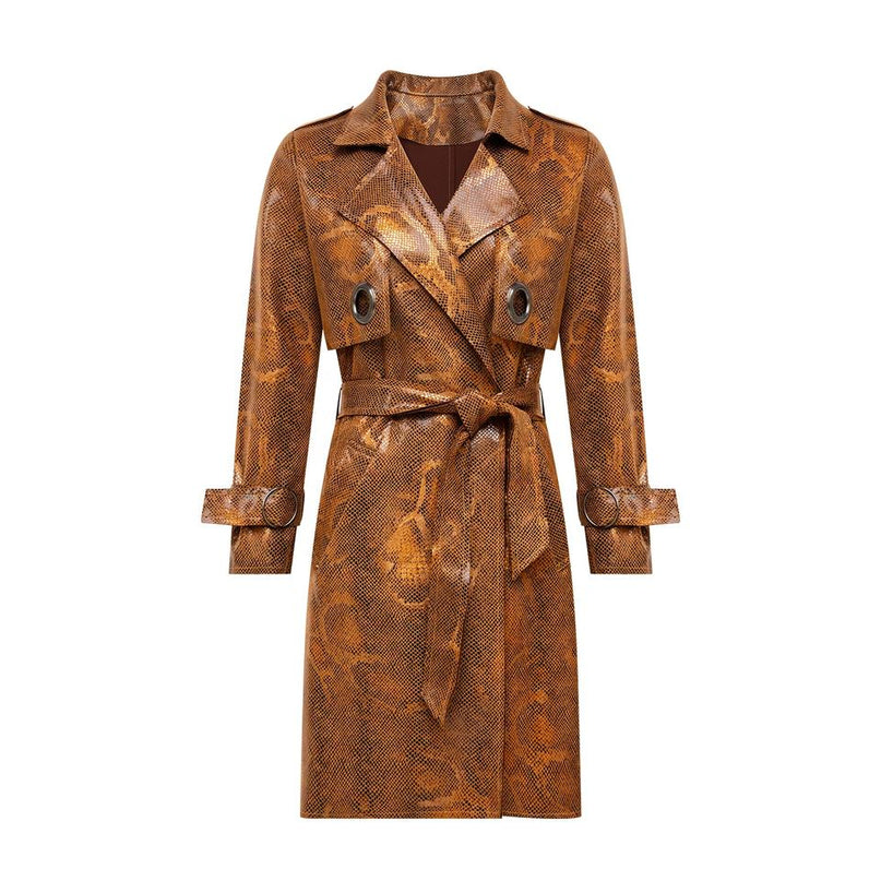 Trenchcoat – Snake Print Leather Look – Belted Design – Luxury Winter Style