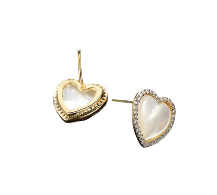 18K Gold Plated Silver Zircon Freshwater Pearl Heart Stud Earrings