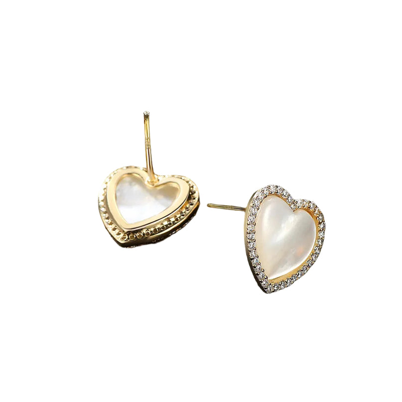 18K Gold Plated Silver Zircon Freshwater Pearl Heart Stud Earrings