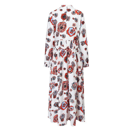 Long Dress – White Floral Print – Ruffle Detail – Elegant A-Line Style