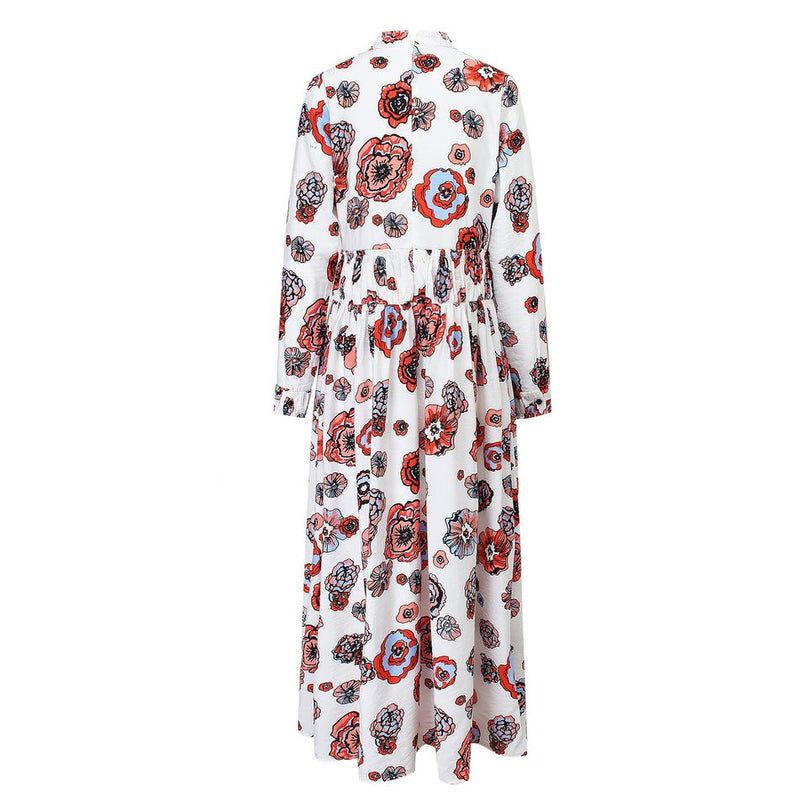 Long Dress – White Floral Print – Ruffle Detail – Elegant A-Line Style