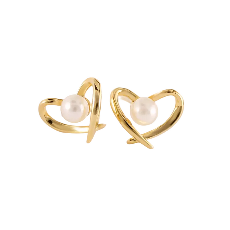 925 Sterling Silver 18K Gold Plated Freshwater Pearl Heart Stud Earrings