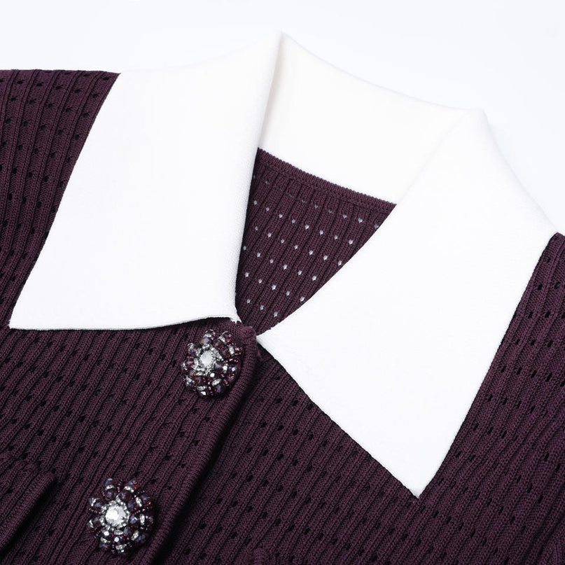 Vivian Van Hoef Contrast-Collar Pointelle Cardigan