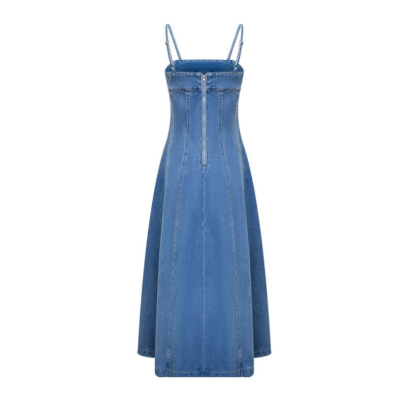 Midi Dress – Blue Denim – Spaghetti Straps – A-Line Summer Style