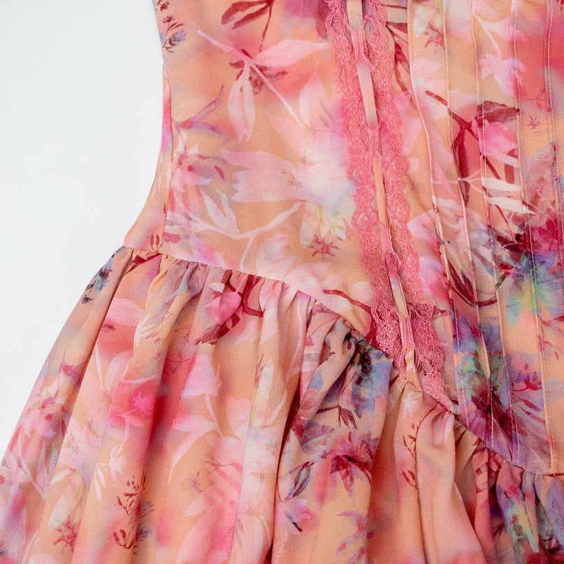 Maxi Dress – Floral Print – Pleated Cami Design – Smocked Elegant Style