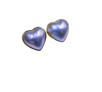 18K Gold Blue Mabe Pearl Heart Stud Earrings