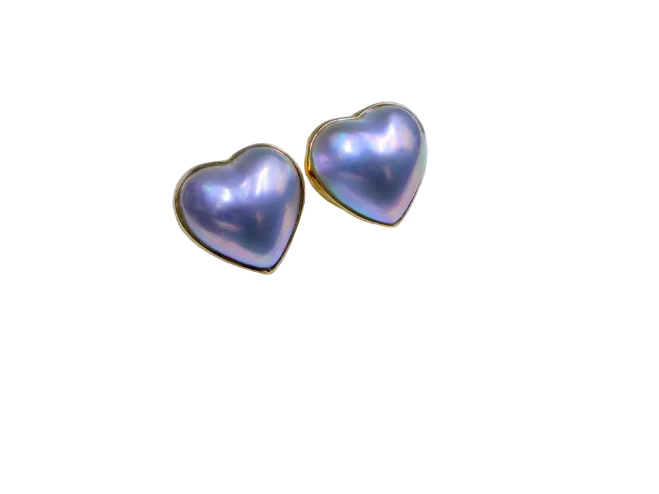 18K Gold Blue Mabe Pearl Heart Stud Earrings