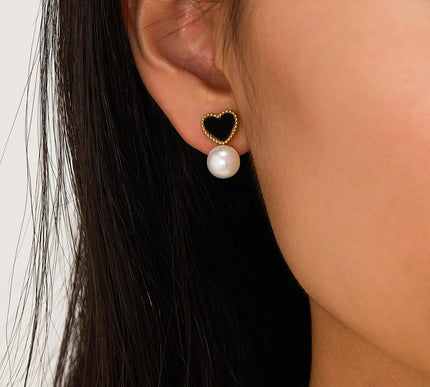 Heart Imitation Pearl Stud Earrings Gold Colored Stainless Steel